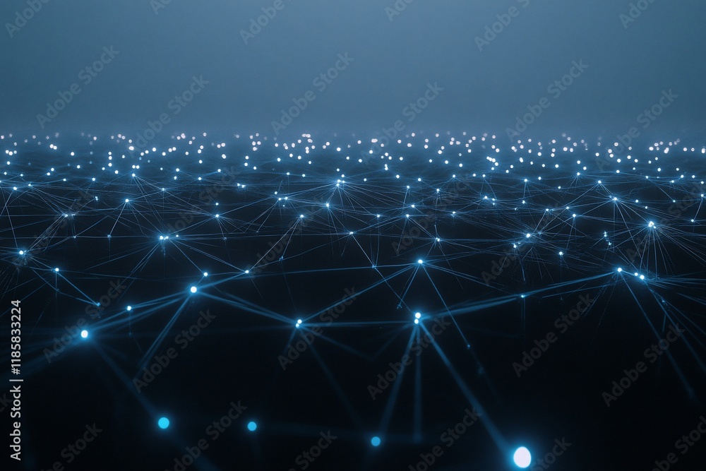 Poster abstract network connection, glowing nodes and lines.
