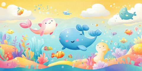 Happy Underwater Scene with Whales and Fish