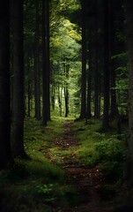 Obraz premium A serene forest path surrounded by lush greenery, offering a tranquil escape into nature's beauty.