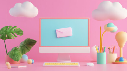 Modern workspace with colorful elements, featuring computer, plants, and stationery. vibrant pink background adds cheerful touch to creative environment