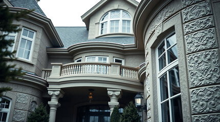 Obraz premium Exterior View of Multi-Story Mansion with Balcony and Ornate Stonework