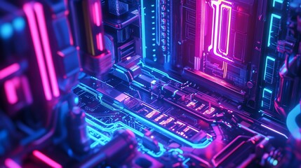 Abstract neon glowing digital circuit board.