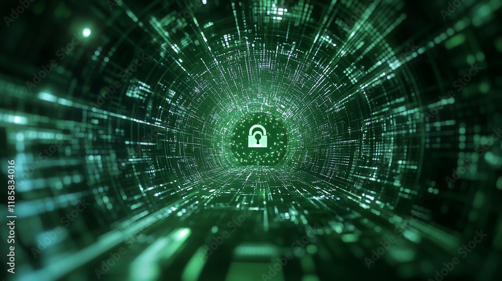 Poster abstract digital tunnel with a glowing padlock at the center, representing cybersecurity and data pr