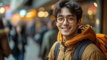 A cheerful man wearing glasses and a backpack enjoys exploring a vibrant, busy city street filled with lights and people.