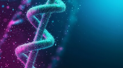 Vibrant DNA strand illustration with glowing particles, symbolizing genetic research and biotechnology advancements in a digital format.