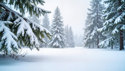 Fototapeta premium Heavy snow resting on pine branches in tranquil forest, winter beauty