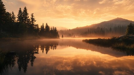 Fototapeta premium Serene sunrise over a misty lake reflecting the golden sky, surrounded by a tranquil forest.