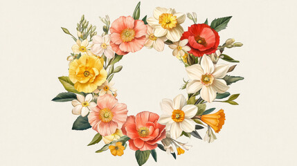 Save the Date greeting card template of flowers and floral bouquet for wedding invitation design. Vector wreath of blooming roses, poppy blossoms and daffodil or narcissus spring flowers bunch
