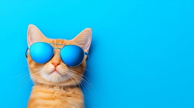 Cat wearing sunglasses and standing in front of a blue background. The cat is smiling and looking at the camera