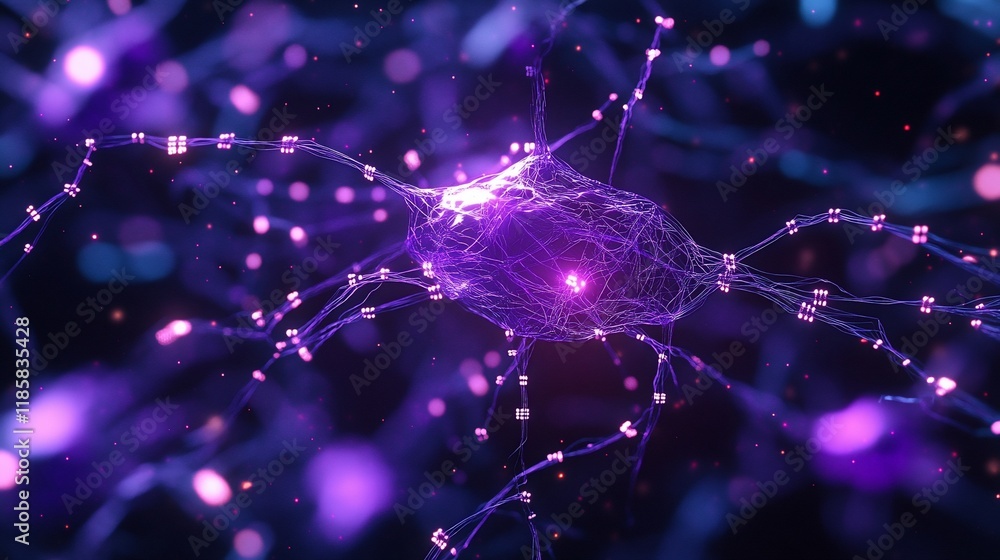 Poster microscopic view of a glowing purple neuron with connecting dendrites and axons.