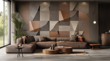 Modern sectional sofa, 3D wall panels, living room, garden view, interior design