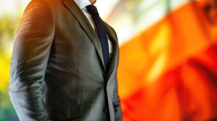 Fototapeta premium Confident political leader in formal suit standing with serious expression, representing authority and leadership in government or public service roles.