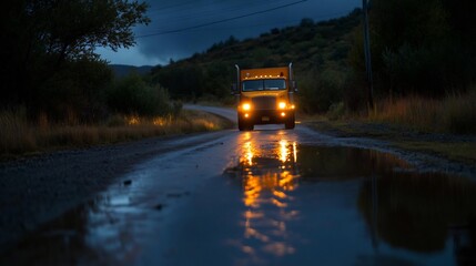 Fototapeta premium Night Drive: Lone Truck on a Wet Road