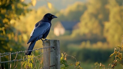 Obraz premium A crow perched on a wooden post in a rural setting at sunset.