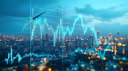 Graph depicting stock trends influenced by climate change, with renewable energy companies on the rise due to global warming concerns