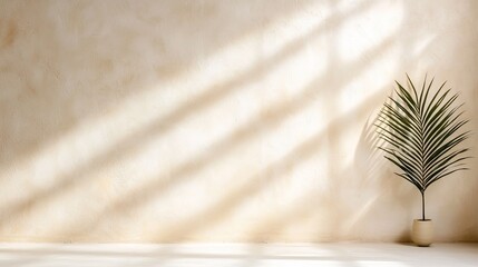 Beige Wall Minimalist Composition Palm Leaf in Pot, Light Shadows,Cream Background Minimalist, Interior Design