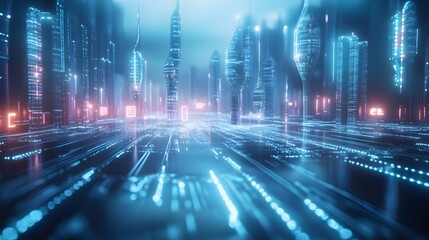 A conceptual design of futuristic city infrastructure powered by fiber optic cables, connecting major city sectors with fast internet speeds