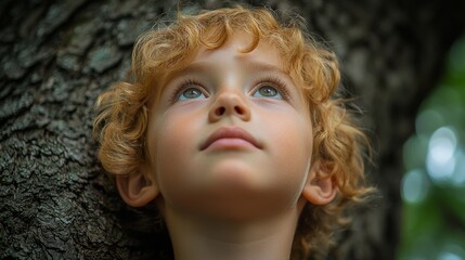 Young boy with red hair is looking up at the sky. He has a smile on his face and he is enjoying the moment