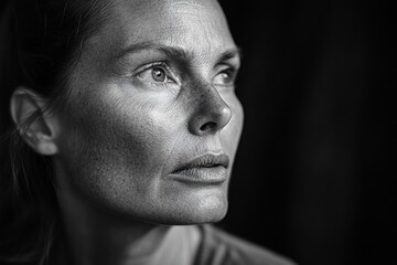 Black and white close-up portrait of a pensive woman looking upward, showing her face with wrinkles and details.