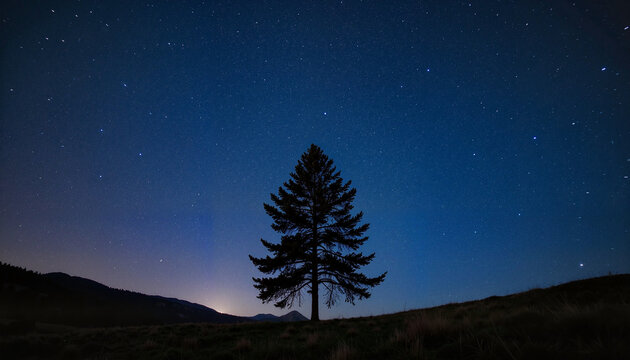 Pine tree silhouetted against starry night sky, cosmic tranquility