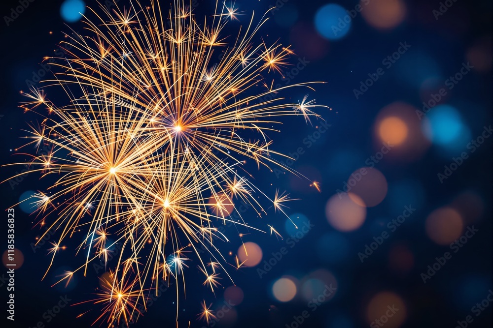 Poster golden fireworks exploding with vibrant sparks on a blurred dark blue background, creating a festive
