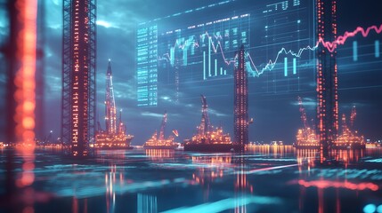 A dynamic energy market where oil stocks for fossil fuels are tracked, with oil rigs and fluctuating digital data representing market trends