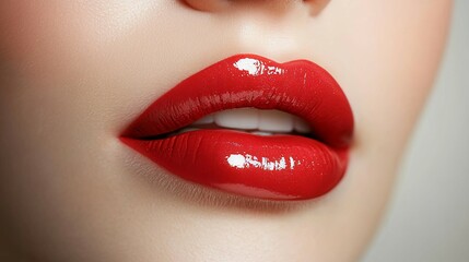 Fototapeta premium Close-up of vibrant red female lips with a glossy