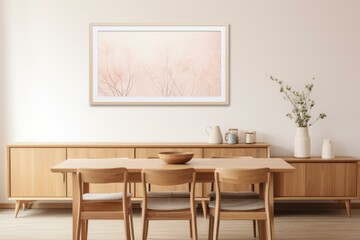 Minimalist dining room featuring natural wood furniture, pastel artwork, and simple decor, creating a serene and stylish space