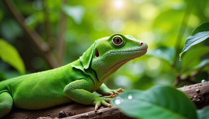 Fototapeta premium Vibrant green gecko resting on branch in tropical rainforest, nature's beauty