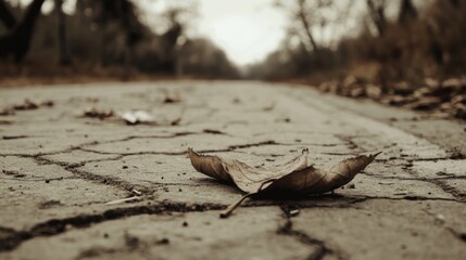 Dried leaf on cracked pavement road in autumn.
