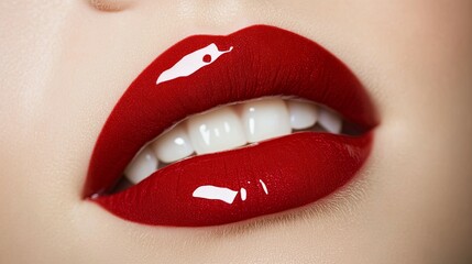 Fototapeta premium Close-up of vibrant red female lips with a glossy
