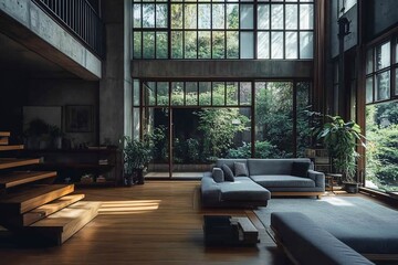 Fototapeta premium Sunlit modern living room with large windows, wooden stairs, and grey sofa.