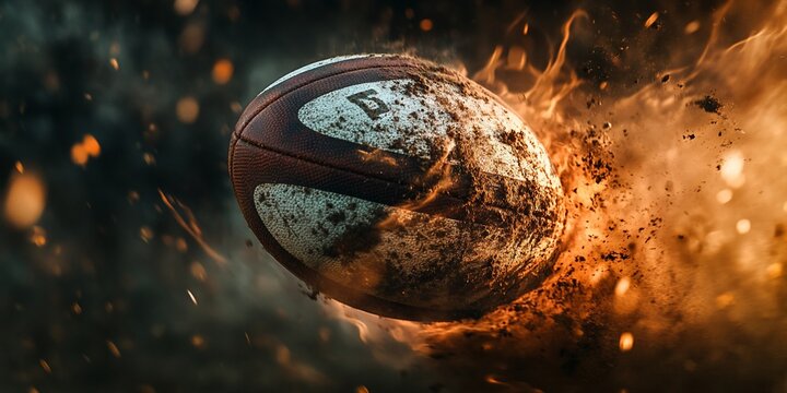 Fiery rugby ball in motion, dirt and sparks. - Powered by Adobe
