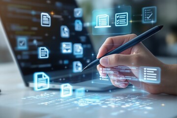Hand holding a pen interacting with digital document icons, futuristic glowing interface, blurred background, concept of digital data management. Ai generative