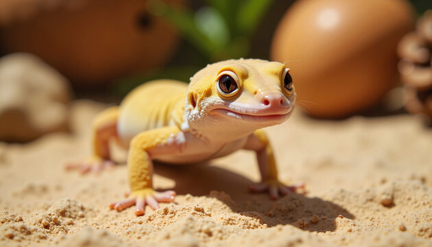 Dwarf gecko exploring sandy enclosure, vibrant wildlife detail