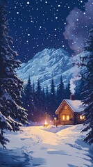 Fototapeta premium Snowy Mountain Cabin Winter Night Scene