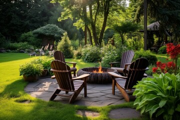 Wooden chairs surrounding a fire pit create a cozy atmosphere in a serene backyard garden