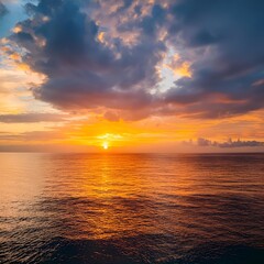 Fototapeta premium sunset over the ocean, Sunset sky clouds over sea in the evening with Orange, Yellow sunlight Golden hour in Summer landscape,