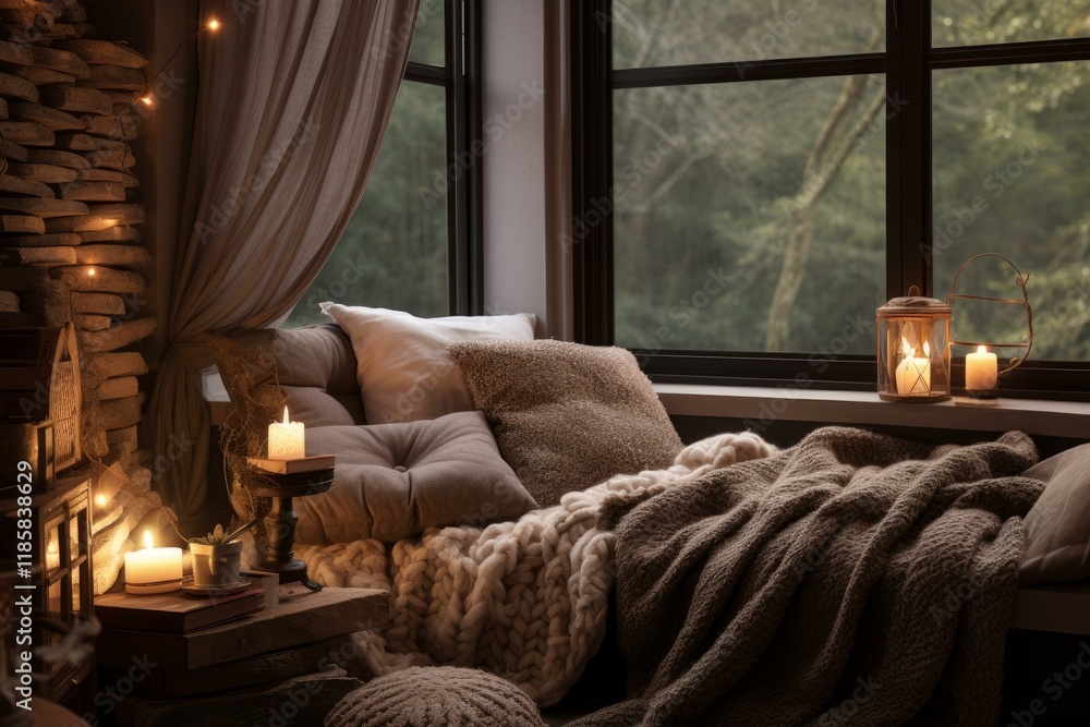 Poster warm and inviting reading nook by the window with burning candles and cozy blankets, creating a perf