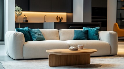 Modern off-white sofa with teal cushions in a minimalist living room.