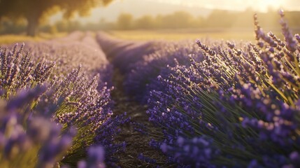 Sunlit lavender field at sunrise, rows of purple flowers.