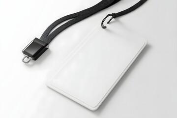 Blank white ID badge with lanyard on white background