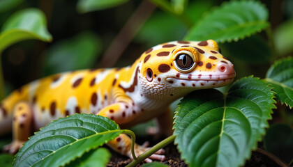 Fototapeta premium Marbled gecko resting on leaves in vibrant habitat, nature's beauty