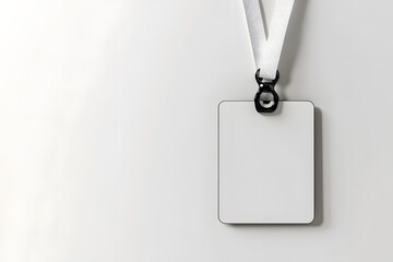 Blank white ID badge hanging, white background, conference
