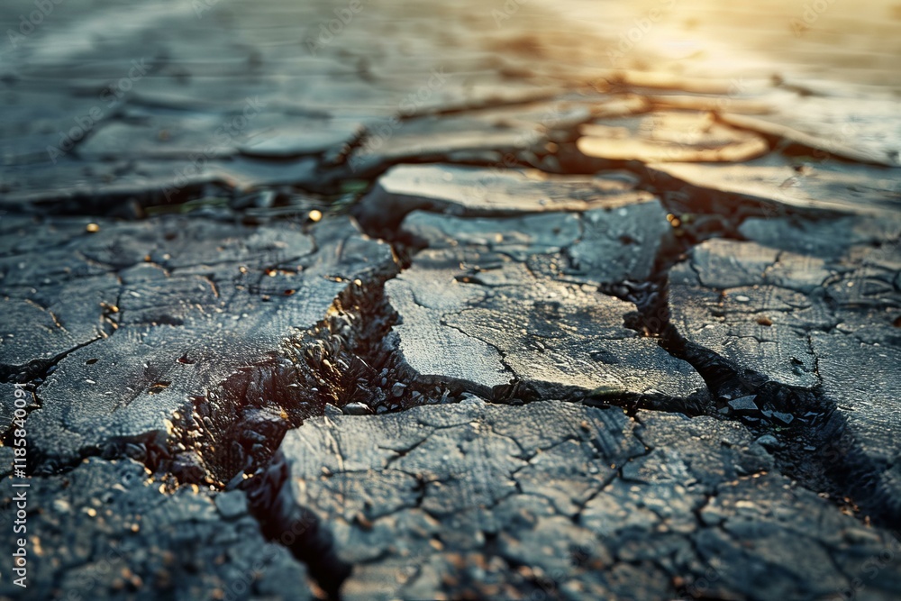 Wall mural Dry cracked earth at sunset symbolizing climate change and environmental challenges