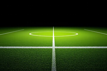 A soccer field with vibrant green grass and white markings, focusing on the center circle. Minimalist design with a dark gradient background. Ai generative