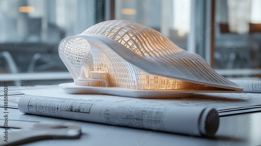 Poster architectural model of a modern building illuminated from within, resting on blueprints.