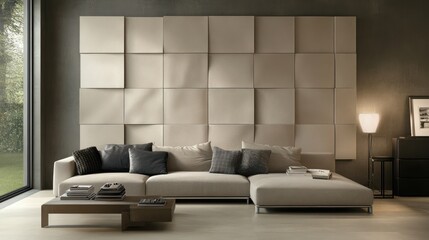 Modern sectional sofa with wall panels, garden view, interior design