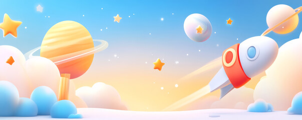Colorful rocket soaring through dreamy space with planets and stars, creating whimsical and adventurous atmosphere. Perfect for children themes and designs