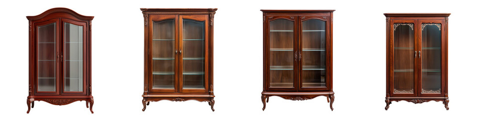 Elegant ornate and carved wooden antique cabinets and bookshelves showcasing a luxurious classic interior design style with traditional and vintage elements